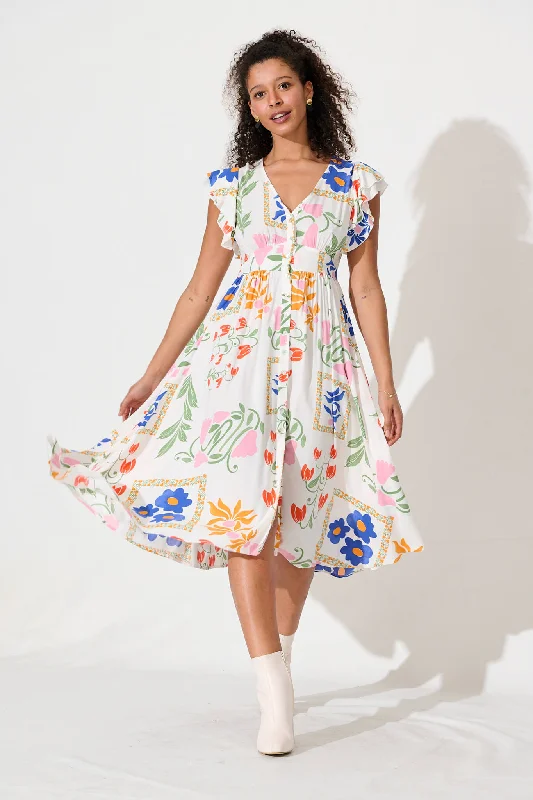 Daffodil Midi Dress In White With Bright Flowers