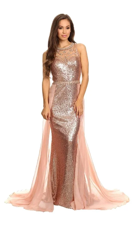 Eureka Fashion - Sequined Illusion Halter Evening Dress With Sheer Overlay